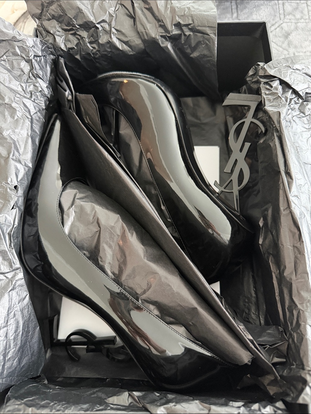 Saint Laurent Black Patent Pointed Toe Pump with YSL Logo Heel- worn once